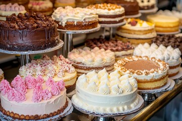 Delicious array of cakes and pastries displayed in a vibrant bakery setting