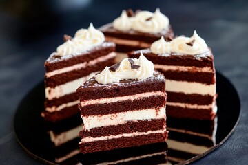 Chocolate cake slices on a glossy black plate showcasing tempting layers of cream