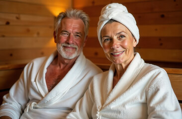 Elderly man and woman in a sauna in a spa salon. An elderly happy couple is relaxing in a wooden bathhouse. An older man and woman in a white robe and towel in the sauna.