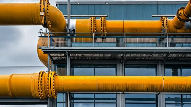 Yellow industrial pipes connect in a modern facility with a cloudy sky in the background, showcasing engineering design and urban infrastructure
