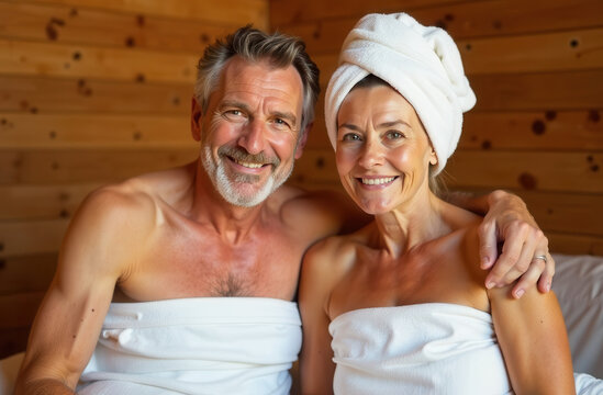 Elderly man and woman in a sauna in a spa salon. An elderly happy couple is relaxing in a wooden bathhouse. An older man and woman in a white robe and towel in the sauna.