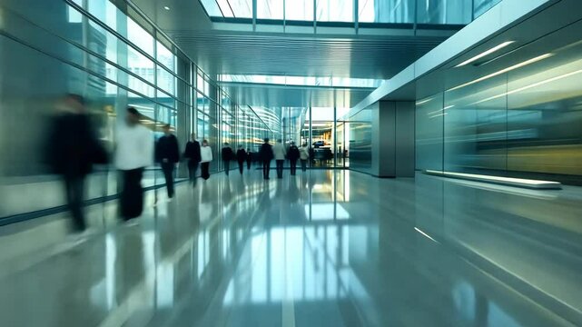 abstract Business people walking in blur in a background modern building corridor blurred Modern open space office interior or call centre