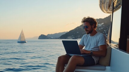 Freelancer working on a laptop while enjoying serene ocean views from a yacht at sea
