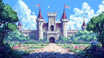 Majestic Pixel Castle Surrounded by Lush Foliage and Cloudy Skies