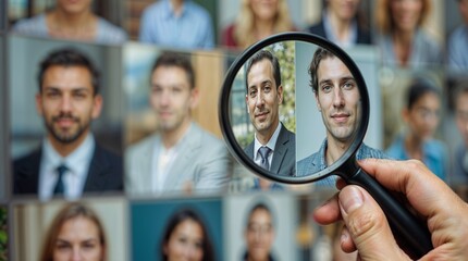 Fototapeta premium A hand holding a magnifying glass carefully examines several personal portraits on the wall, representing careful scrutiny or selection. Diversity