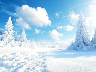 A serene winter landscape featuring snow-covered trees and a bright blue sky.