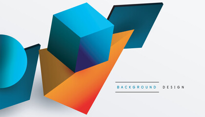 Abstract design showcasing isometric cubes, pyramids, squares, and spheres in a vibrant 3D layout. Modern and dynamic, perfect for tech, design, or futuristic themes