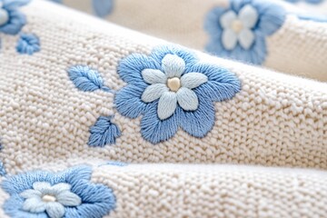 Textured gray fabric with delicate light blue embroidery patterns creates a cozy atmosphere in home decor