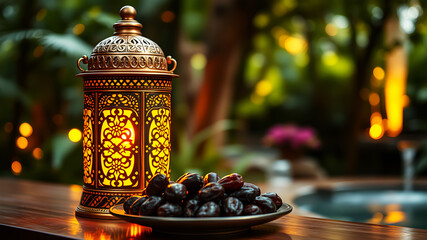 A glowing brass lantern with intricate patterns, a plate of fresh dates beside it, and vibrant bokeh lights in shades of gold, green, and purple in the background