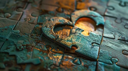 Naklejka premium A close-up of a heart-shaped puzzle fitting into a group of puzzles on a worn surface in a rustic style, symbolizing love and unity.