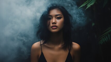Fototapeta premium Mysterious Asian Woman Emerges from Misty Foliage in Ethereal Cinematic Portrait