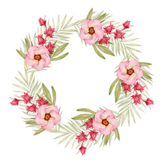 Rosella and palm leaves in a round wreath, isolated watercolor illustration.