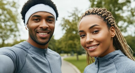 African american couple smiling during outdoor workout in park setting
