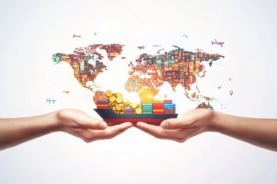 Global trade and logistics concept with hands offering support to a shipping container and world map