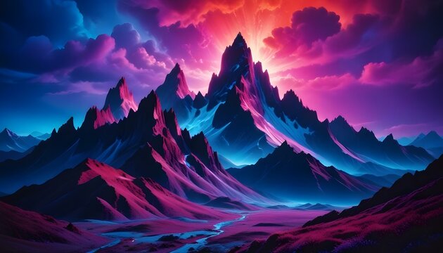 Un paisaje psicod&eacute;lico y surrealista con monta&ntilde;as imponentes y escarpadas en tonos de azul, rojo y morado. El cielo est&aacute; lleno de energ&iacute;a colorida y arremolinada y una luz brillante y reluciente en el
