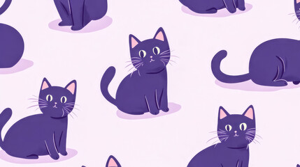 Cute purple cats posing in a seamless pattern design