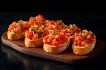 Delightful bruschetta topped with fresh tomatoes and herbs served on a wooden platter