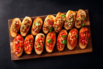 Flavorful assortment of bruschetta topped with fresh ingredients on a wooden platter