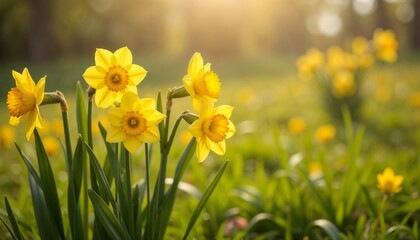 Fresh Yellow Daffodils in Sunlit Garden Setting