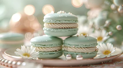 Mint green macarons with pearl decorations and floral arrangement, elegant dessert presentation, pastel theme, gourmet sweets, close-up, isolated on blurred festive background.  