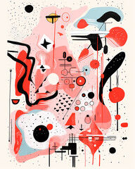 Abstraction, illustration contains various objects and handwritten sketches in light black and pink style, bold lines and shapes, composition of geometric shapes, wavy lines and irregular shapes.