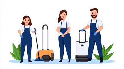 Professional Cleaning Team with Various Tools in a Bright and Clean Environment