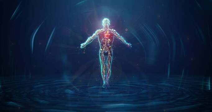 Abstract animation human body silhouette made of glowing neon particles floating over wireframe circular water waves.Meditation, yoga and mental health care looped animation concept on blue background