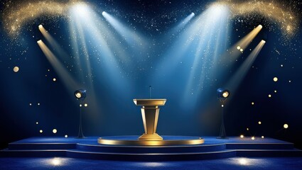 stage lighting, spotlights, blue and gold color scheme, circular podium, steps, glowing particles, dramatic illumination, futuristic design, awards ceremony backdrop, sleek metallic surfaces, star-lik