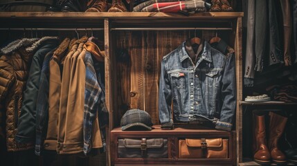 Wooden wardrobe with jackets and denim in a stylish interior