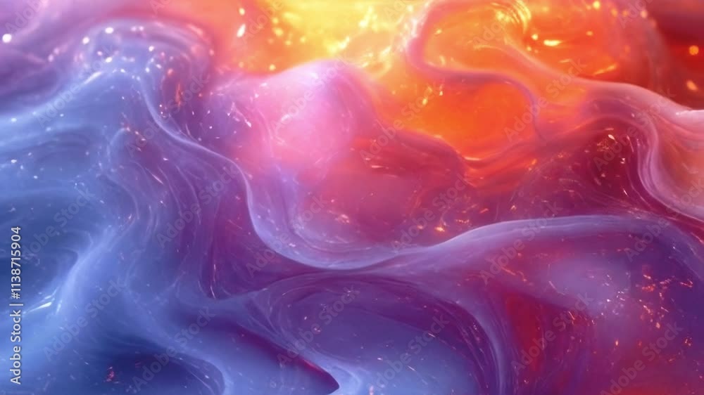 Poster abstract undulating flow animation, shimmering with bright blue-orange colors, thick flowing liquid.