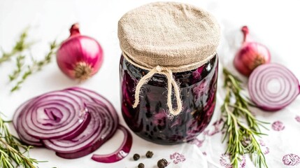 Pickled onions in jar with thyme and peppercorns.