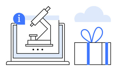 Microscope on laptop screen with info icon, gift box with blue ribbon, and cloud. Ideal for education, science, online learning, innovation, technology research and gifts. Line metaphor