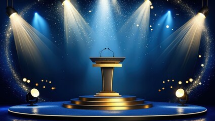 stage lighting, spotlights, blue and gold color scheme, circular podium, steps, glowing particles, dramatic illumination, futuristic design, awards ceremony backdrop, sleek metallic surfaces, star-lik