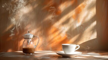 Cozy scene with a teapot and cup in warm sunlight