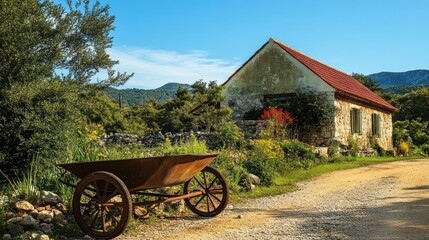 Fototapeta premium Rustic stone house with old wheelbarrow on dirt road.
