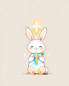 Cute kids illustration of bunny holding a cross, faith hope innocence childhood Christianity spiritual guidance