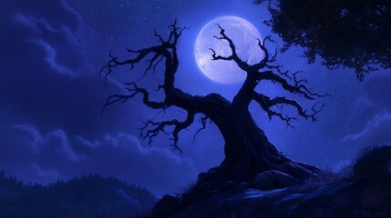 Fototapeta premium Spooky Gnarled Tree Under a Full Moon in a Mysterious Night Landscape