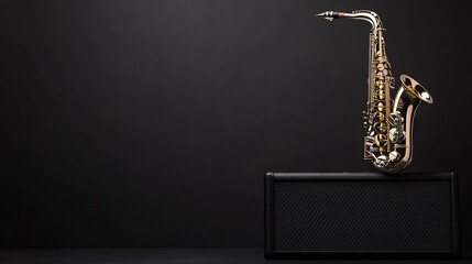 Fototapeta premium Gold alto saxophone on black amplifier against dark background.