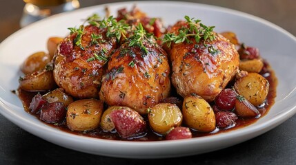 Delicious roasted meatballs with vegetables and herbs served on a white plate