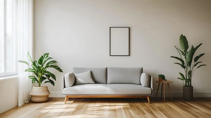 Fototapeta premium Beautiful Modern Living room Interior with furniture's ,mockup frame , posters, wall -3d Rendering