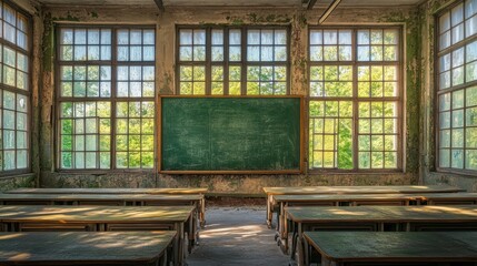 Empty classroom with chalkboard and sunlight through windows.