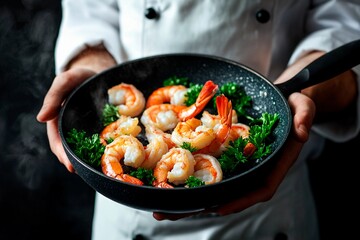 Culinary artistry in a professional kitchen showcasing a shrimps dish