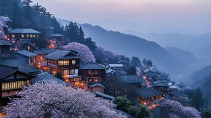 Mountain village with pink cherry blossoms at dusk.