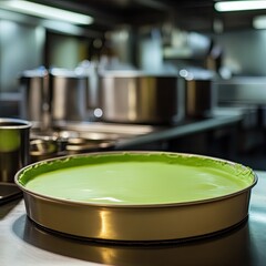 Green liquid in a metal pan in a kitchen.