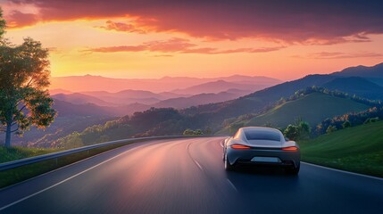 Fototapeta premium Sleek Hybrid Car Drives on Scenic Highway Amidst Stunning Sunset Landscape