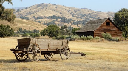 Rustic wooden wagon in dry field near barn and hills.