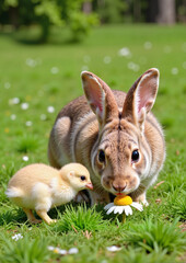 Obraz premium Cute bunny and baby chick interacting playfully in a green meadow filled with flowers