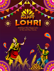 vector illustration of Happy Lohri holiday festival of Punjab India with beautiful background