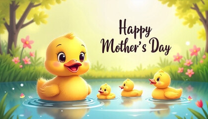 Cute cartoon duck family swimming with "Happy Mother's Day" text in a sunny pond illustration