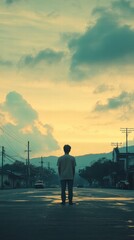 A person stands alone in the middle of a quiet street at sunset, surrounded by lush hills. The sky is painted in warm hues of orange and gold, contrasting with dark clouds